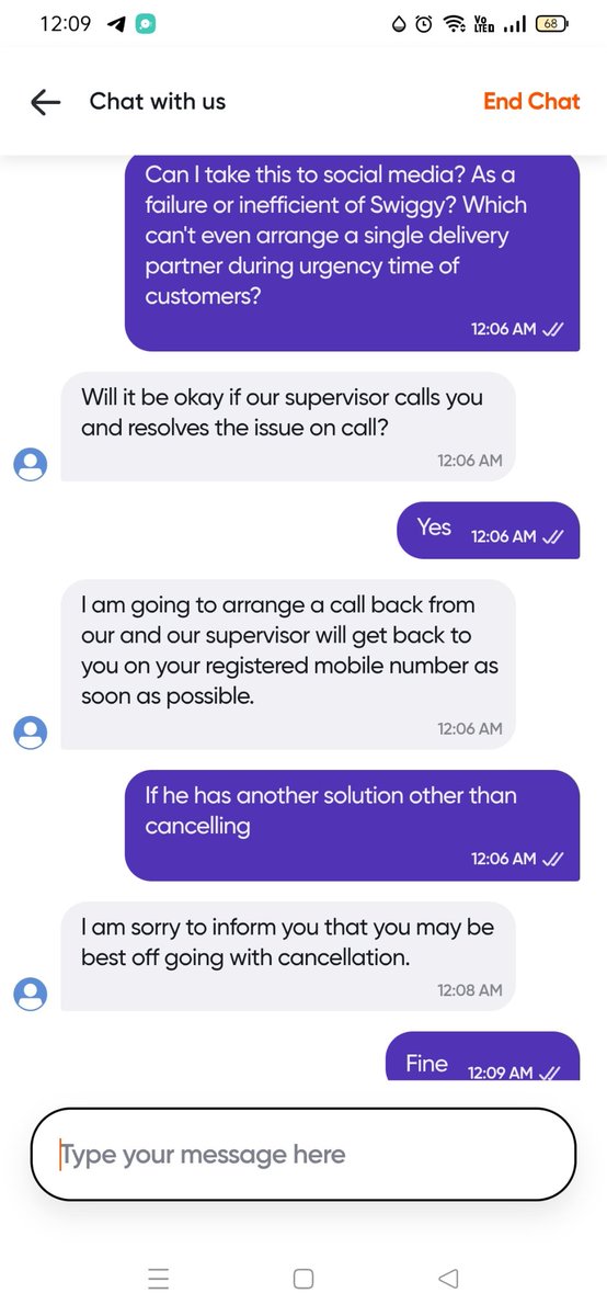 srinath0909's tweet photo. @Swiggy, if u know that u don't have a delivery partner, y accept the order?
Keeping customers waiting for over an hour just to cancel isn't "delivery service" it's wasting people's time.
fastest thing you delivered tonight was disappointment
@SwiggyCares Oid 243192325041643 https://t.co/XFx6M7z4YL