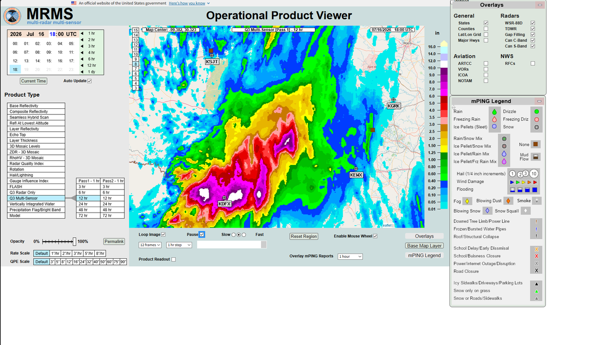OfficialNHTRC's tweet photo. In the past 12 hours over 12 inches of rain has fallen in southern TX Near Uvade, TX Utopia, TX, Kerrville, TX, and Fredricksburg, TX Flash Flood Emergency's have been issued. https://t.co/4e6C8EGXoC