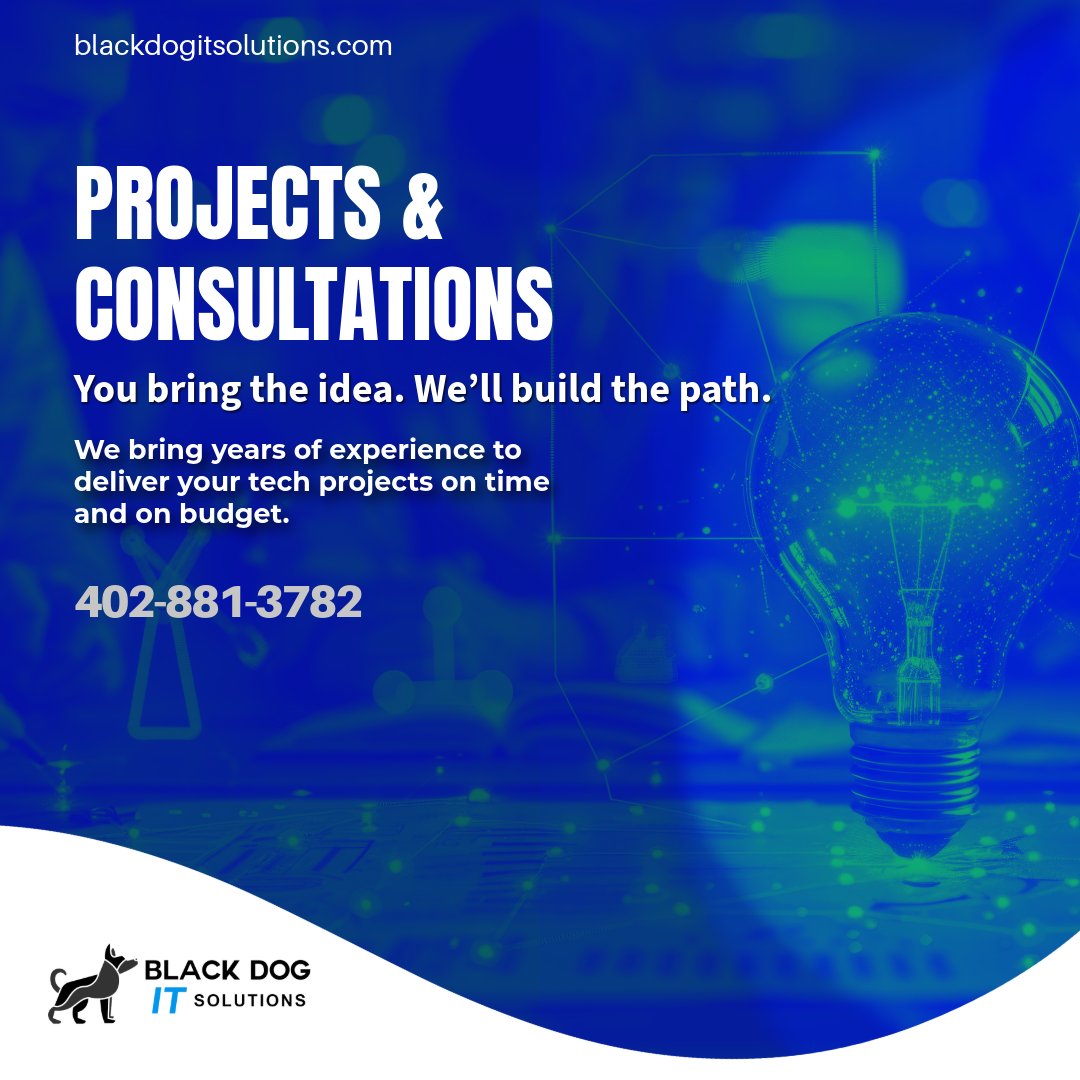BlackDogSolGrp's tweet photo. Know what you need, but not how to build it? Partner with Black Dog for seamless IT project delivery, completed on time and within budget. Reach out today to get started.
#techomaha #itomaha #blackdogitomaha https://t.co/UL4p5exuLx