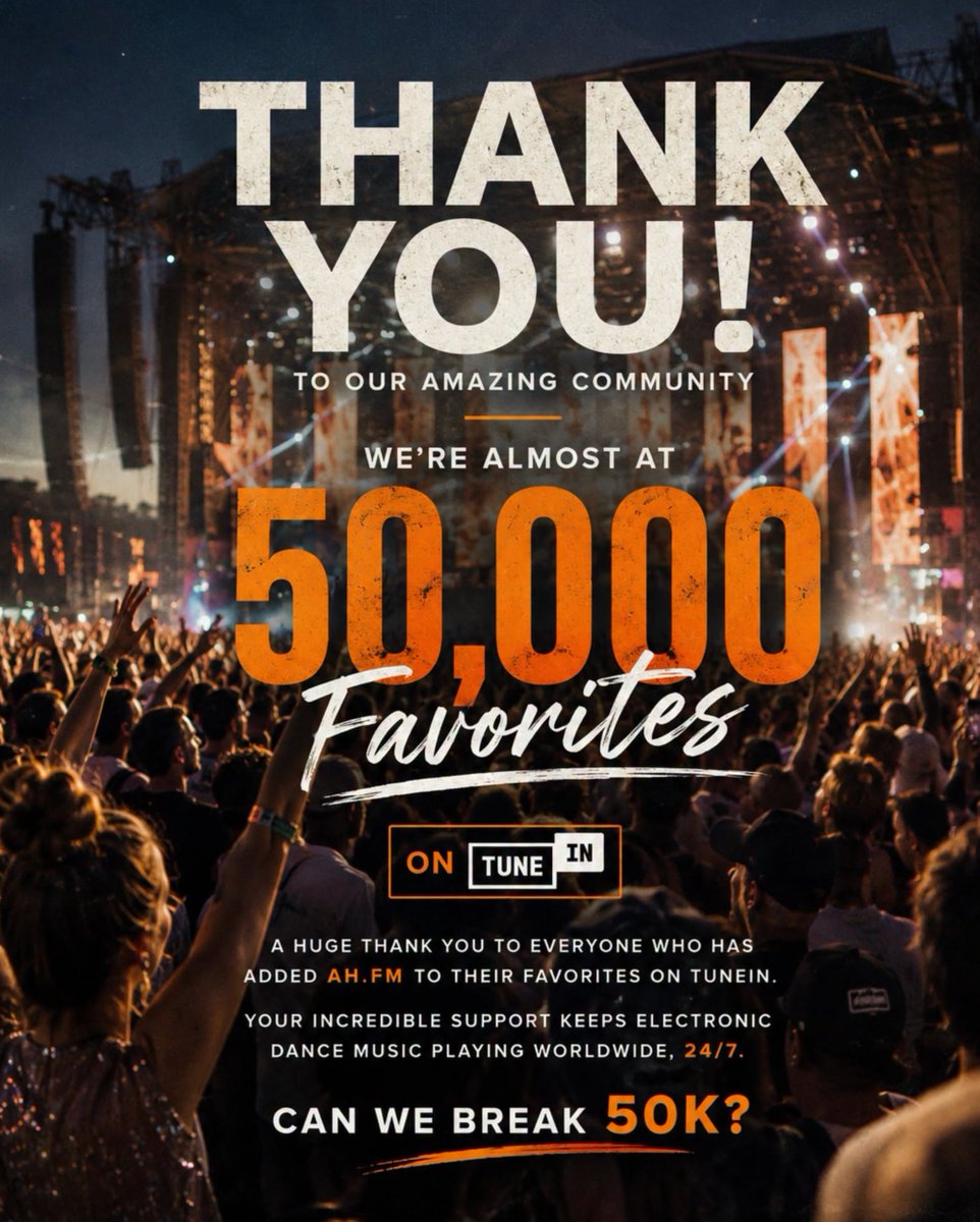 AfterhoursFM's tweet photo. A huge thank you to everyone who has added https://t.co/PdTJlo0KeT to their favorites on TuneIn — we’re almost at 50,000! Your incredible support keeps electronic dance music playing worldwide, 24/7 — can we break 50K? @tunein https://t.co/XrWzQjITSL