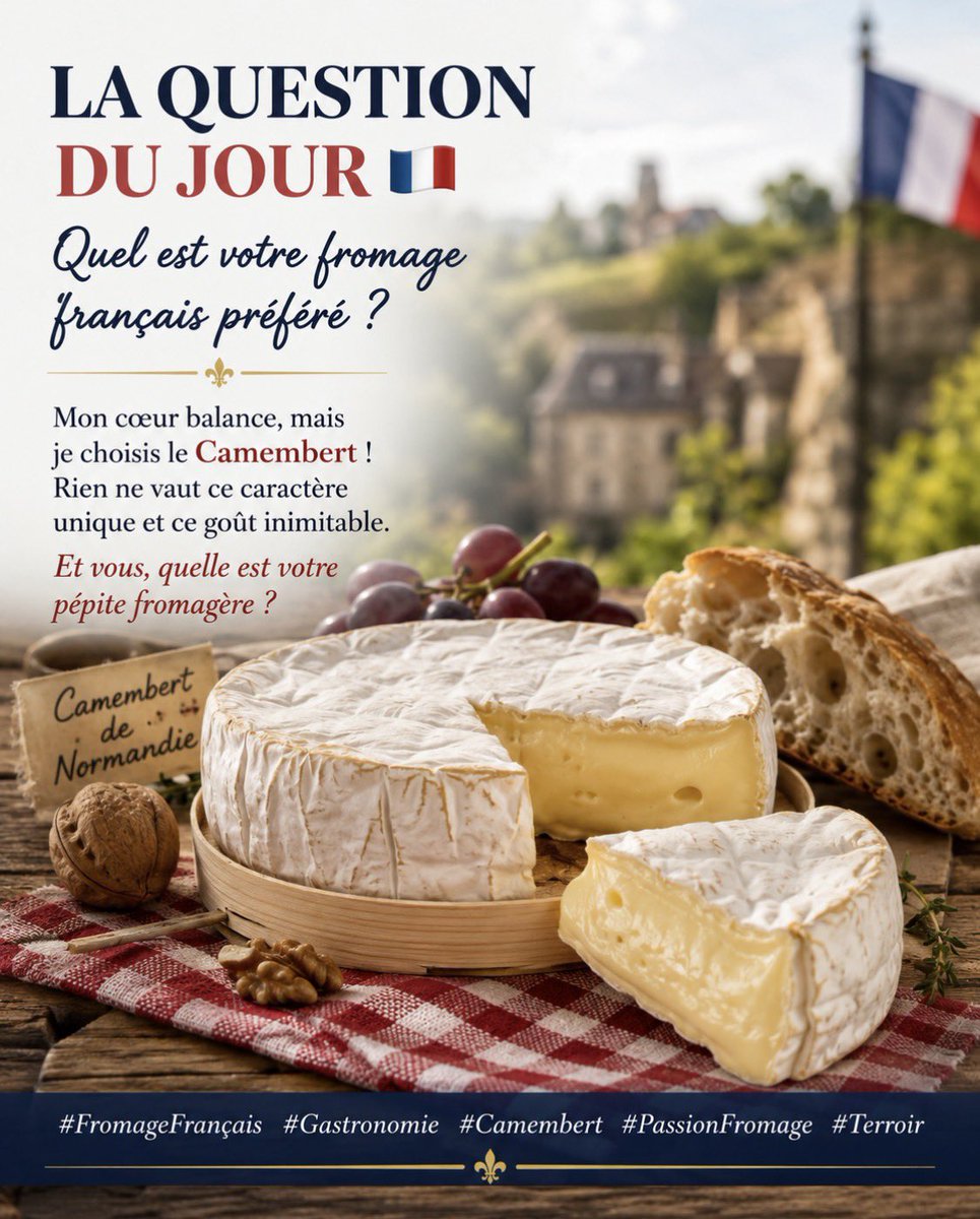 1981Descartes's tweet photo. @ThierryTout Le débat du jour : le meilleur fromage de France ?
Parmi une multitude de choix exceptionnels, le Camembert reste pour moi un indétrônable. Gourmand, authentique, parfait !
Quelle est votre réponse à vous ?
#QuestionDuJour #Fromage #Camembert #TeamFromage #France https://t.co/Dvmca8zT90