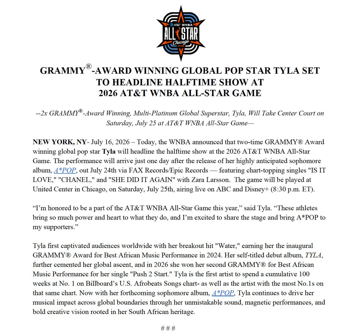 WNBAComms's tweet photo. GRAMMY®- Award Winning Global Pop Star Tyla Set to Headline Halftime Show at 2026 AT&amp;T WNBA All-Star Game https://t.co/GkvwFNC8Ix