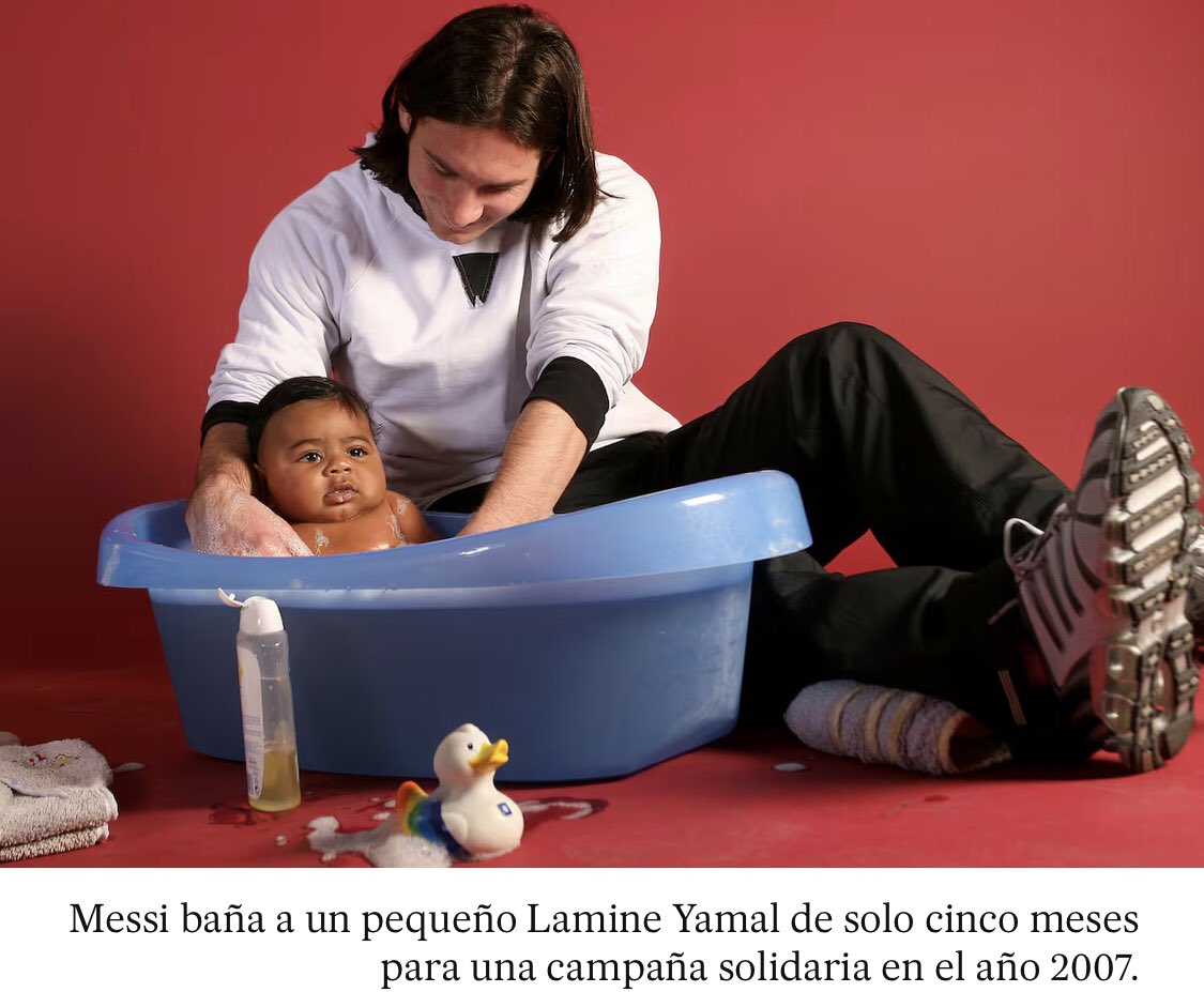SpaCIE_edu's tweet photo. ⚽🇪🇸Twenty years ago, a young Lionel #Messi was photographed bathing 6-month-old #LamineYamal for a charity calendar. Today, they symbolize two generations of football greatness.

This Sunday 🇪🇸 Spain vs 🇦🇷 Argentina. We’ll be cheering for La Roja! ❤️💛 #VamosEspaña #WorldCup2026 https://t.co/VEfqkGgkhc