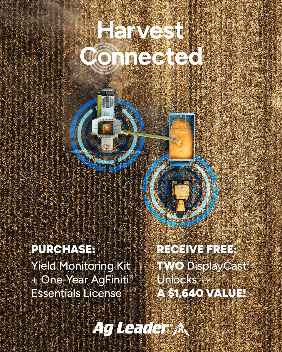 PASI_Tech's tweet photo. Harvest is better when everything works together.
Purchase a qualifying Ag Leader Yield Monitoring Kit + 1-year AgFiniti® Essentials license and receive 2 FREE DisplayCast® unlocks (a $1,640 value)!
Offer ends Sept. 30.
📞 419-628-4167
#AgLeader #HarvestConnected https://t.co/l6X4KC3twL