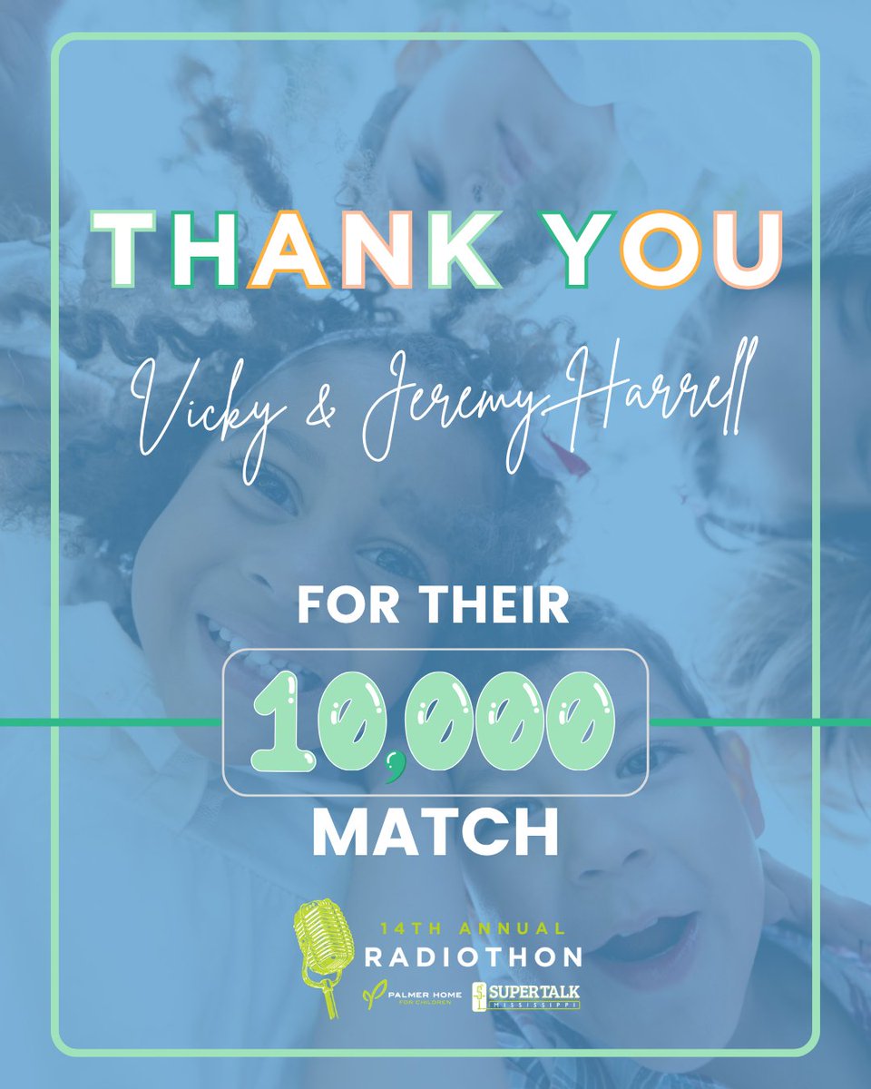 PalmerHome's tweet photo. We are so grateful for Vicky &amp; Jeremy Harrell's matching gift of $10,000 to support our mission to provide hope and healing💙  That means every dollar you give doubles! Secure your gift now: https://t.co/1oJp3k9FbO https://t.co/Y5c07sg8A1