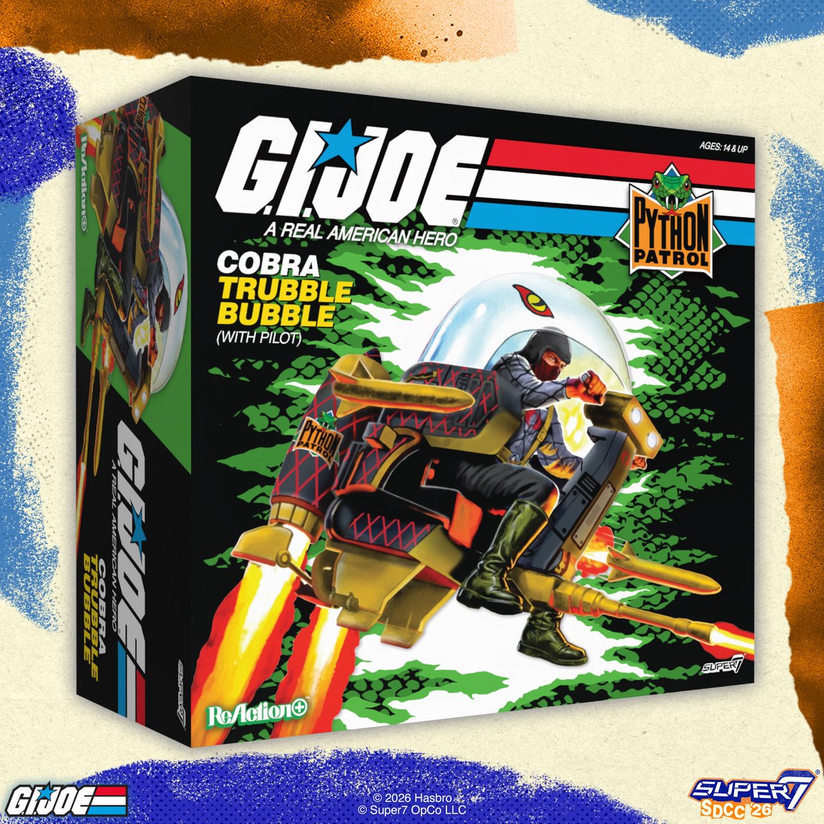 super7store's tweet photo. In-flight service includes trouble. Hurry to get your SDCC-exclusive Python Patrol Trubble Bubble and Cobra Pilot ReAction+ Figure now. Coming soon! #Super7 https://t.co/K92tjAa77y
