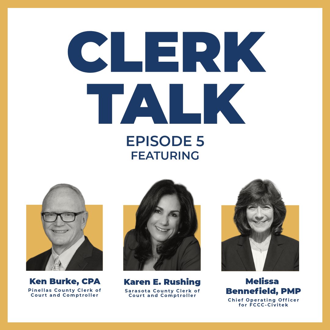 FloridaClerks's tweet photo. The fifth episode of Clerk Talk is now live!
 
In the latest episode, host Ken Burke, Pinellas County Clerk of Court and Comptroller, sits down with Karen E. Rushing, Sarasota County Clerk of Court and Comptroller, and Melissa Bennefield, FCCC-Civitek Chief Operating Officer, to discuss the evolution and impact of Florida's statewide E-Filing Portal.

Clerk Talk is available on Spotify, Apple Podcasts, and FCCC’s YouTube channel.

Spotify: https://t.co/XDMKxpdWIa
Apple Podcasts: https://t.co/efbfp8g1SX
Youtube: https://t.co/i5F2TqVn6x

#ClerkTalk #FloridaCourts #EFiling