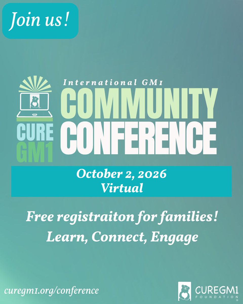 curegm1's tweet photo. Join us for the free International GMI Community Virtual Conference on Oct 2, 2026! Families can learn, connect &amp; engage. Register: https://t.co/ewUZr7GEyq #CUREGMI #GM1Gangliosidosis #RareDisease #FamilyConference #GM1 https://t.co/5oyL2p5nR2