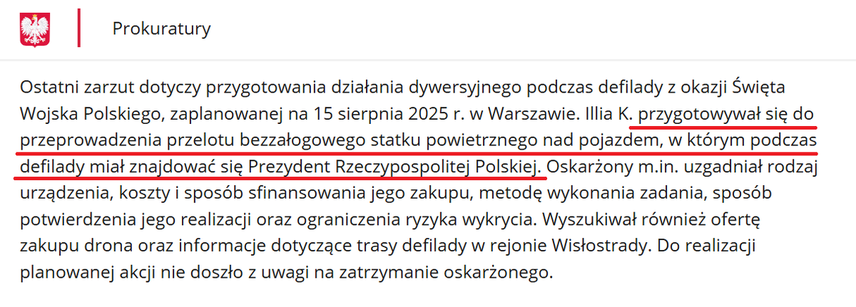 Janusz_Ch_'s tweet photo. COOO? 
UKRAINIEC SZYKOWAŁ ZAMACH NA PREZYDENTA POLSKI DRONEM NA ŚWIĘCIE WOJSKA POLSKIEGO!
"Illia K. przygotowywał się do przeprowadzenia przelotu bezzałogowego statku powietrznego nad pojazdem, w którym podczas defilady miał znajdować się Prezydent Rzeczypospolitej Polskiej"
https://t.co/ac2pm7FWbc