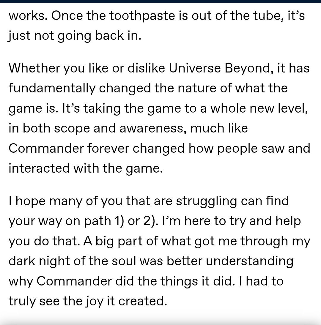 VitoComedy's tweet photo. Mark Rosewater says there's no way to change Magic back to how it was before.

He's wrong.

Loud and constant criticism works. They hear us when we complain about cowboy hats and pizza slices.

UB might be hear to stay, but there's no reason it can't be forced to adapt to the hard fantasy at the core of Magic, rather than forcing Magic to accommodate goofy cartoon schlock.