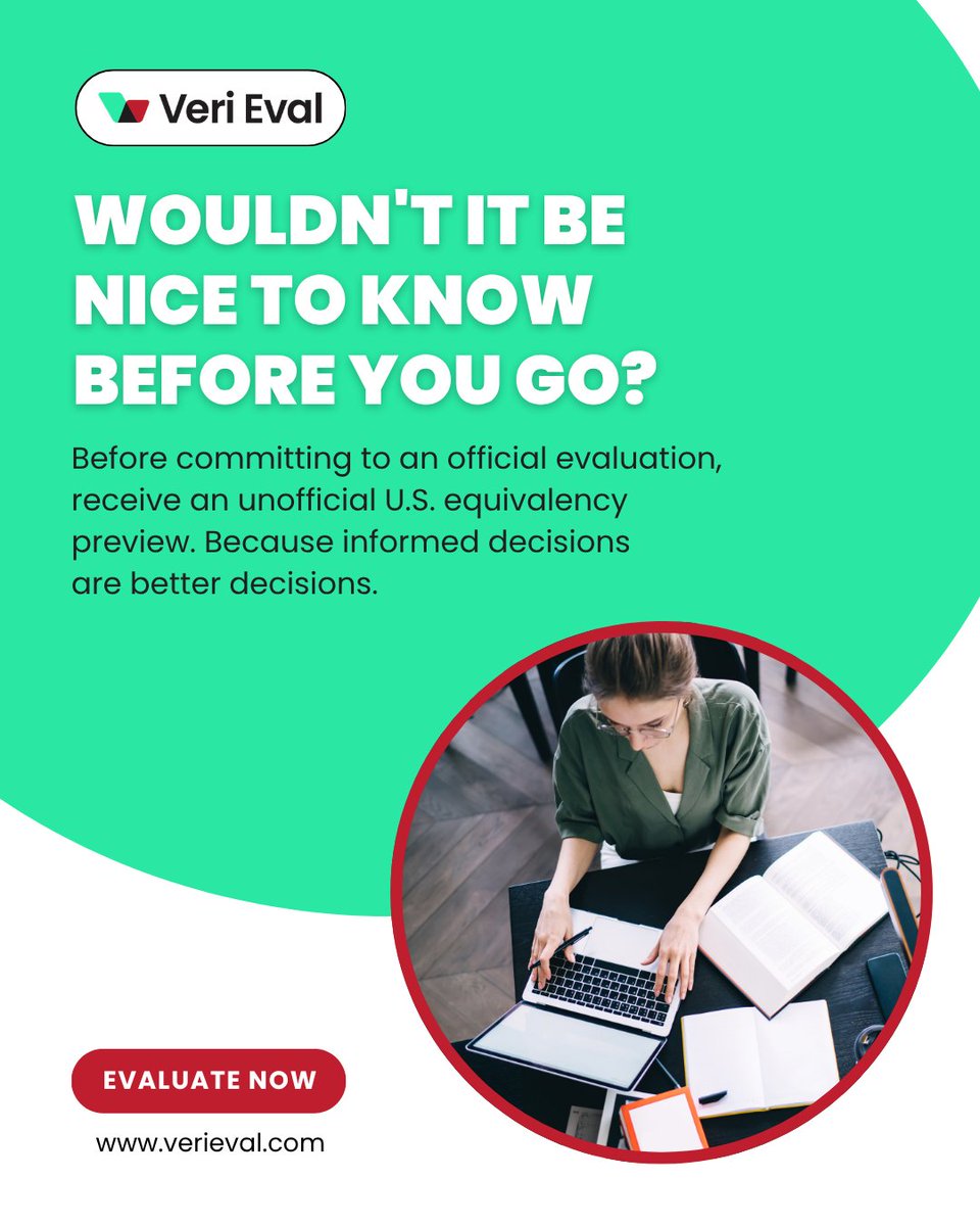 veri_eval's tweet photo. Big decisions deserve clarity before commitment.

Understanding how your international education may compare in the United States can help you plan your next move with greater confidence and fewer surprises.

An unofficial U.S. equivalency preview offers valuable insight before starting a formal evaluation process.

It’s a simple way to explore your options, understand potential outcomes, and make informed choices about education, licensing, or career opportunities.

Take the guesswork out of the process and get a clearer picture of where your credentials stand.

Request your complimentary unofficial U.S. equivalency preview today and start planning your next step with confidence.

👉 https://t.co/t79dP0otlB

#credentialevaluation #foreigncredentials #degreeevaluation #internationalstudents #studyinus #educationabroad #academiccredentials #professionaldevelopment #highereducation #globaleducation #careergrowth #studentsuccess #educationplanning #usdegreeequivalency #verieval