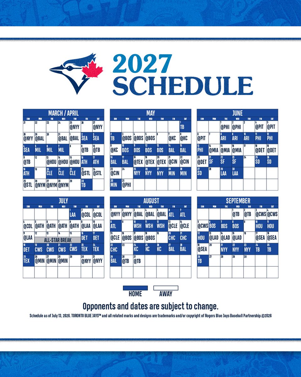BlueJays's tweet photo. PRESENTING: Our 2027 Regular Season Schedule! https://t.co/pFRu2ivJEx
