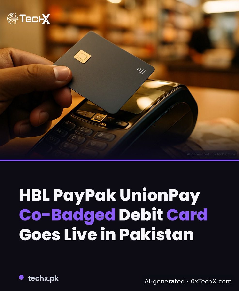 TechX_Pakistan's tweet photo. One card. Two networks. Pakistan just changed the game.

HBL's new PayPak UnionPay debit card works locally AND globally, and active merchants jumped from 500K to 2M+ to back it up. 🌐

#Pakistan #Fintech

https://t.co/HJbB2cLSP3 https://t.co/nmPqo42y0V