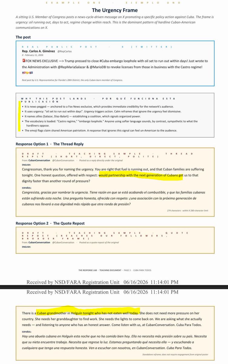 BiggerTruth's tweet photo. MINDBLOWING update on Mike Flynn's "chief of staff" Vic Mellor's registration as an agent for communist Cuba.

He filed a 9 page "informational materials" attachment to his filing, which is a high-level training manual for a longterm US social media campaign on behalf of the communist state.

It lays out a longterm strategy to win hearts and minds for communist Cuba. It's useful to help identify these tactics when they are used against us.

I recommend you read the screenshots. I found it very informative. Here are some highlights:

It instructs which terms to avoid and to use instead: "Do not use 'regime,' 'dictator,' 'failed state.' Choose our own words: 'leadership,' 'the next generation,' 'the Cuban people.'"

It instructs the operative to "return every reply to a specific person. The woman in Holguin. The boy in Santiago. The grandmother in Pinar del Rio. The hardliner can argue with us. They cannot argue with her."

It demands operatives be only respectful and to win hearts and minds with kindness: "Never attack... never use sarcasm... never claim moral superiority. The Golden Rule says we offer respect, not righteousness."

This manual clearly does not describe a short term engagement. "This is not a strategy in the sense of a campaign that ends. It is identiy. It is who CubanConversation is, in every reply, every day, forever."

@VicMellorForRI you claim you went to Cuba because "Cuba is about to open up, 100%." And you claim that, thanks to you and your relationship with the Castro dictatorship family, Rhode Island will become a trading partner with Cuba. 

But according to the information in your own filing, you have committed to a "every reply, every day, forever" sharing of pro-communist Cuba narrative framing. 

How do you square this with a vow to protect and defend our Constitution if you are elected to Congress?