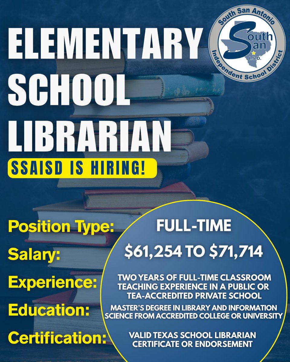 ssaisd's tweet photo. South San Antonio ISD is hiring! ⭐️ We’re looking for dedicated Elementary School Librarians to join our team and help shape the future of student success. Click the link below to apply today!💻✅

https://t.co/O4wYsgVeri https://t.co/zM0yBas4Kc