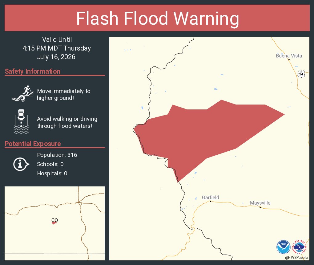 NWSPueblo's tweet photo. Flash Flood Warning including Chaffee County, CO until 4:15 PM MDT https://t.co/4DIg7KooiJ