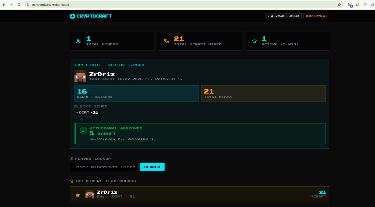 cryptocraftdex's tweet photo. Withdrawals are officially LIVE

We successfully integrated the withdrawal system and every player can now withdraw the $CRAFT tokens earned from mining in Minecraft directly to their connected Solana wallet

The entire system is also connected to an SQL database where every mined block every balance and every withdrawal is securely recorded so your rewards and progress will never disappear or get lost

Mine blocks earn CRAFT token and withdraw your rewards directly to your wallet
