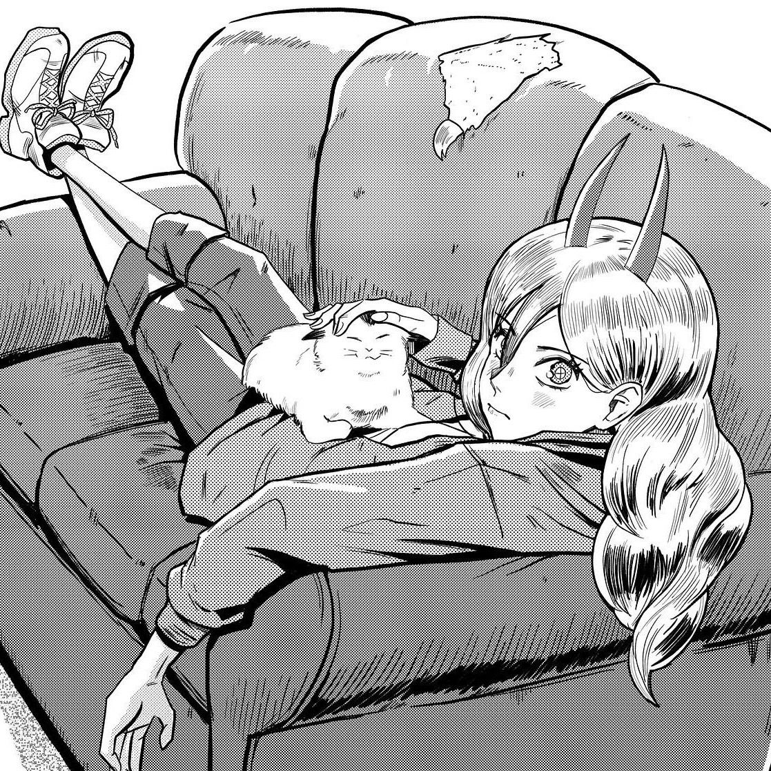 PowerDontShower's tweet photo. [ DAILY RP POST! ] 
 Power was nestled on the couch in the living room, holding her pet cat, Meowy above her head. Squishing her face like a living stress toy.  

She seemed comfortable here alone. But little did she know, she wasn't. https://t.co/oKZCAU88Ki