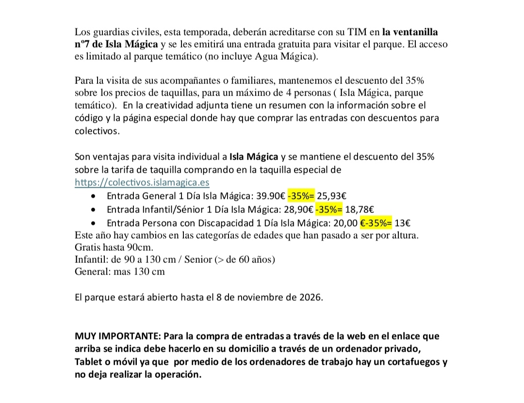 IGCFormacionyAS's tweet photo. Impresionante oferta a los guardias civiles y sus familiares o acompañantes. Aprovecha para pasar un día inolvidable con los tuyos a un excelente precio.
#IGC #TuEresIGC @islamagica https://t.co/nqzhUCaeSq