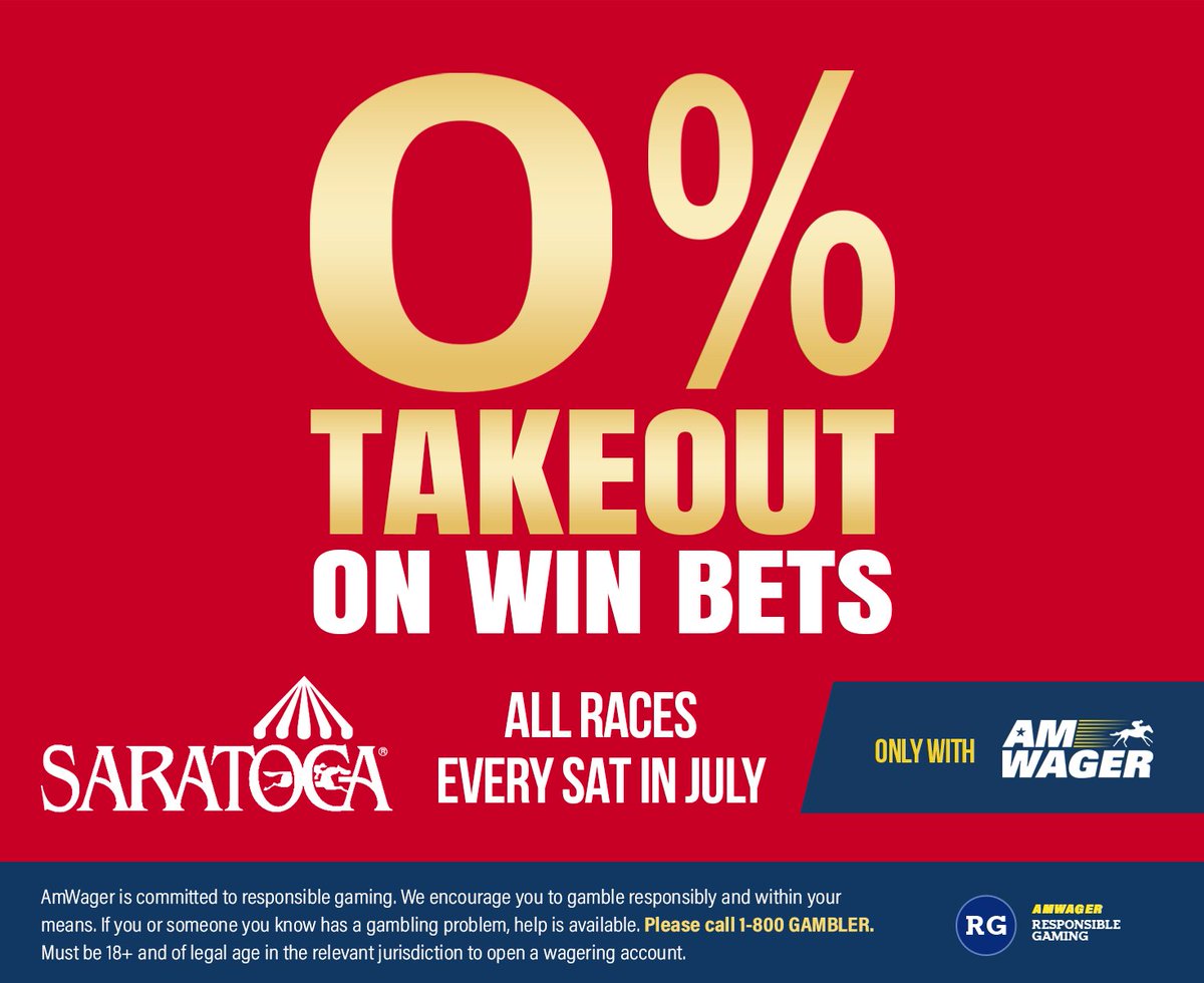 AmWager's tweet photo. Opt in for our 0% Takeout Saturday's in July at "the Spa"! Play all day, all races with ZERO TAKEOUT and get up to $100 on you WIN bet payouts! Exclusively for AmWager players! #SaratogaRacing #ZeroTakeout #AmWager #GetPaid๐ธ๐ https://t.co/W4evAvVuHn