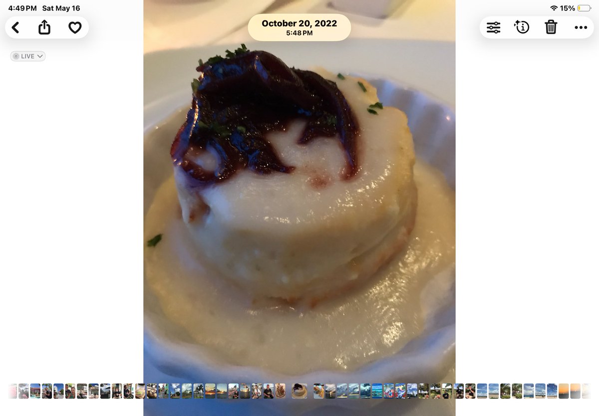 LOOPDELOO2's tweet photo. @royalcaribbean what is this again please? I can only remember that it was savory, contains cheese and topped with red cabbage, To die for.  I forgot if it’s a soufflé? https://t.co/ONqEuY2XOO