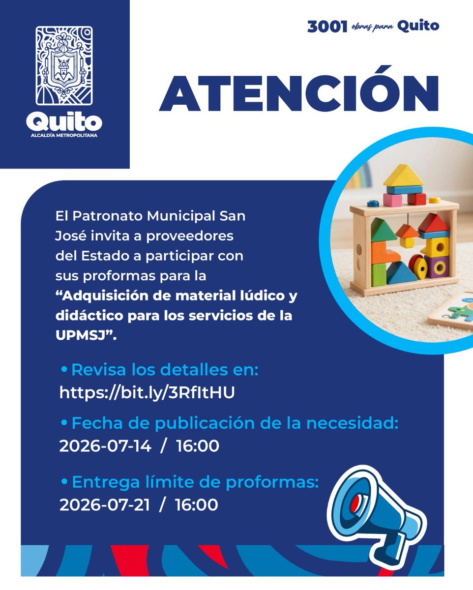 PatronatoSJ's tweet photo. 📢 #InvitaciónUPMSJ | Convocamos a los proveedores del Estado a participar en los procesos de contratación pública:
  
🧩 Adquisición de material lúdico y didáctico para los servicios: https://t.co/VepgKpzKUj https://t.co/i5ynKxz32m