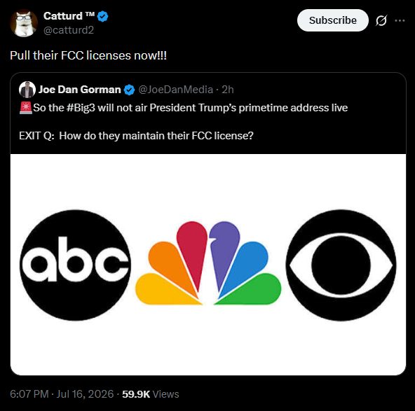 bennyjohnson's tweet photo. TRENDING: People are saying that ABC, CBS, and NBC should lose their broadcast licenses for refusing to air President Trump's national address on election security.

They are calling on the @FCC to yank their licenses. https://t.co/O8MCdrLxGy