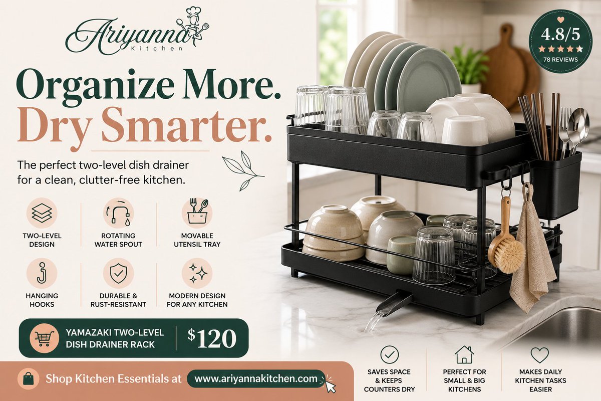 AriyannaKitchen's tweet photo. ✨ Upgrade your kitchen with the Yamazaki Two-Level Dish Drainer Rack.

✔️ Two-level design
✔️ Space-saving
✔️ Modern & durable

🛒 Discover more kitchen essentials at:
🌐 https://t.co/wPolRPY2iV

#KitchenOrganization #DishRack #KitchenEssentials #HomeOrganization #KitchenStorage #ModernKitchen #AriyannaKitchen