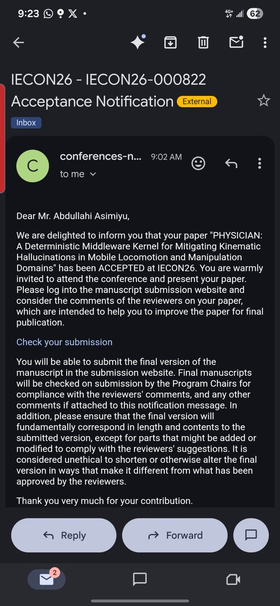 Tripleace_Ade's tweet photo. I’m proud to announce my latest research paper has been accepted by @IEEEorg for presentation at IECON in Doha, Qatar. This is my third international contribution to knowledge, and it feels like a major step in my journey from a hardware engineer to a robotics engineer. Our mission remains clear: ensure robots are as safe as they are capable. Onwards to the next build or probably a job or an internship.
#Knowledge #Publication