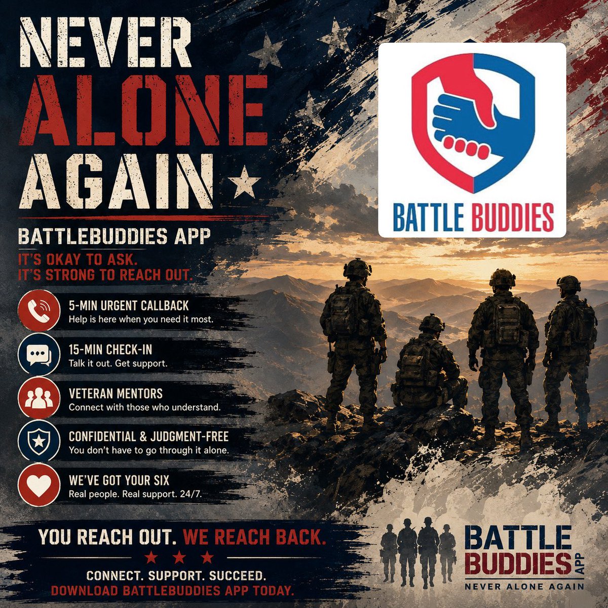 battlebuddieapp's tweet photo. BattleBuddies App connects veterans with real people who listen, support, and respond.
Asking for support is not weakness. It is the same courage that has always defined those who serve.
Never Alone Again.
#BattleBuddiesApp #NeverAloneAgain #VeteranSupport #MilitaryCommunity https://t.co/MKNltH51n2
