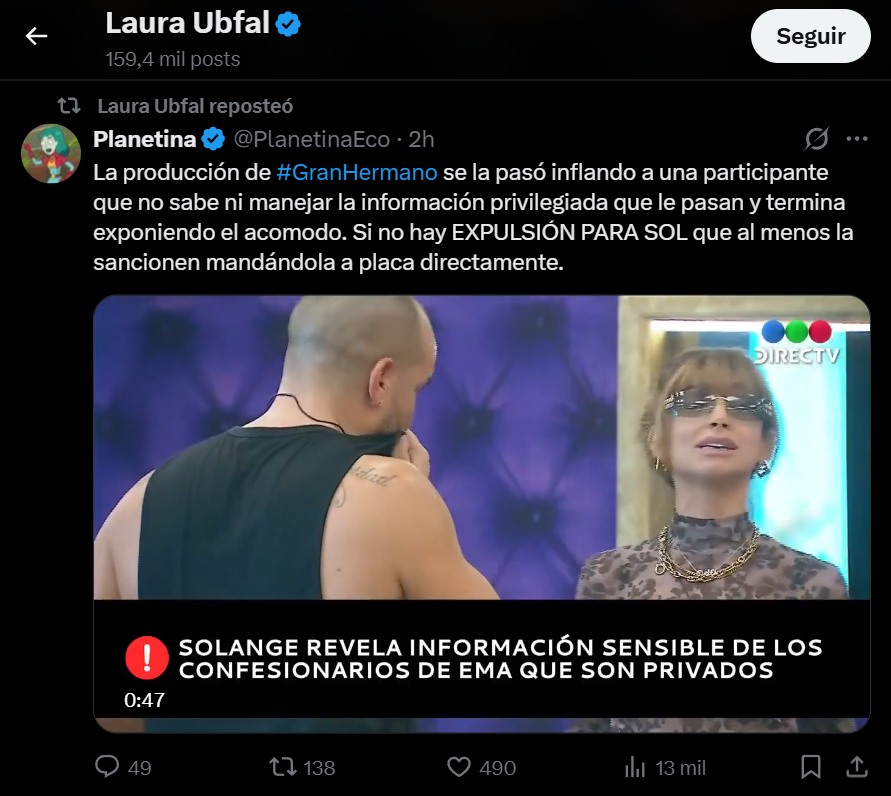 TronkOficial's tweet photo. Señora Laura Ubfal me parece bastante feo que pongas en duda al canal en el que trabajás, a Zoe la desvincularon de Telefe por mucho menos. No solo filtrás la información de cómo van los % y quién tiene riesgo de irse en tu stream, también acusás a la producción de inflar a una participante y te sumás a una campaña ridicula de "acomodo" ¿eso te parece profesional?

Si realmente sos una analista y periodista te recomendaría que al menos intentes interpretar correctamente un simple clip: cuando Sol le dice a Ema "Gran Hermano ME EXPULSÓ porque COMO BIEN DIJISTE 'cuántas veces te fuiste a quejar al confesionario, que me lo dijiste un montón de veces acá'" justamente hace referencia a lo que Ema repite todo el tiempo sobre Sol ¿tan dificil es comprender a lo que se refiere o solo hacés esto porque sos una odiadora de Sol hace más de 15 años?