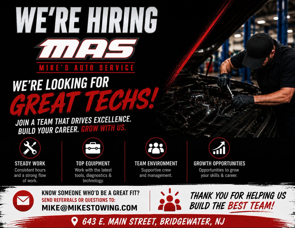 MAS_MTR's tweet photo. Call Mike today to start a great career with an experienced team! 908-722-2122

#MikesAutoService #NowHiringNJ https://t.co/UXCVOhZtsb