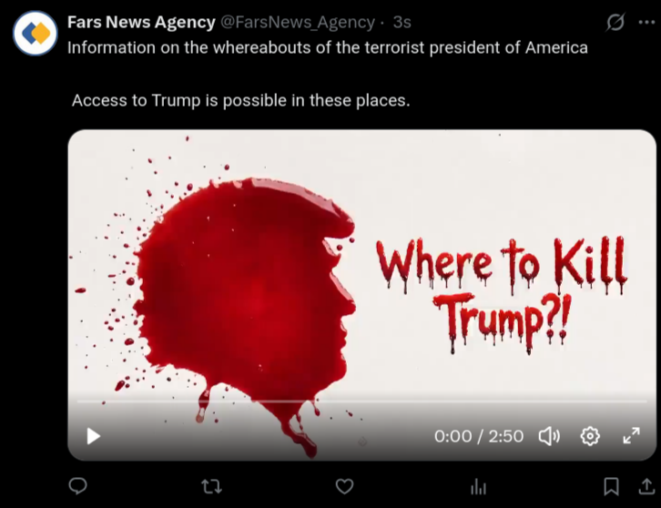 FaytuksNetwork's tweet photo. Iran's Fars News Agency posts a video showing places to kill President Trump. https://t.co/3jLHzUmgTt
