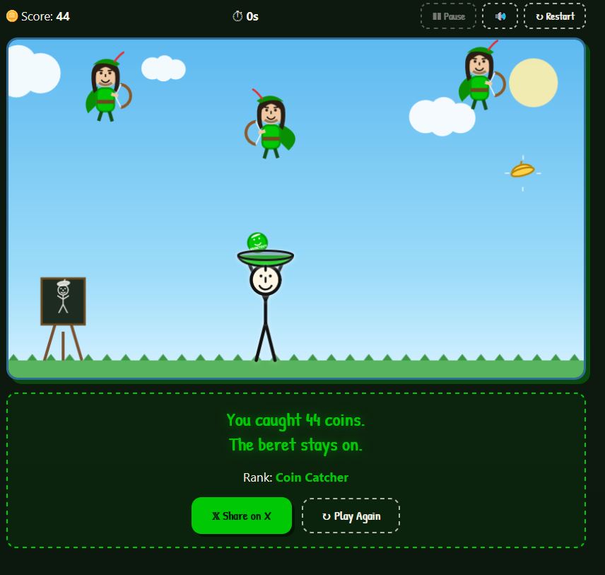 beretguyRH's tweet photo. Today’s mission:

Catch 50 coins.
Keep the beret on.
Post your score below. 🎮
https://t.co/dyCniFU3Ze https://t.co/OcegCiGg2Y