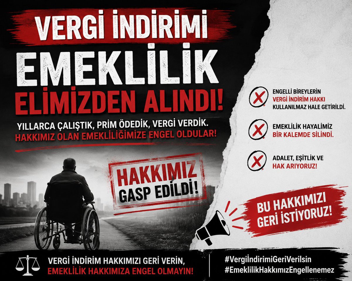 beker71234's tweet photo. @kasapoglu Engelli bireylerin İsteği #çoknet elimizden alınan vergi indirimi emeklilik hakkımızı geri istiyoruz hiç bir engelli bir gecede sağlığına kavuşmadı hak alındı mağduruyetler artı #engelliemeklilik https://t.co/IeaQs7p0kx