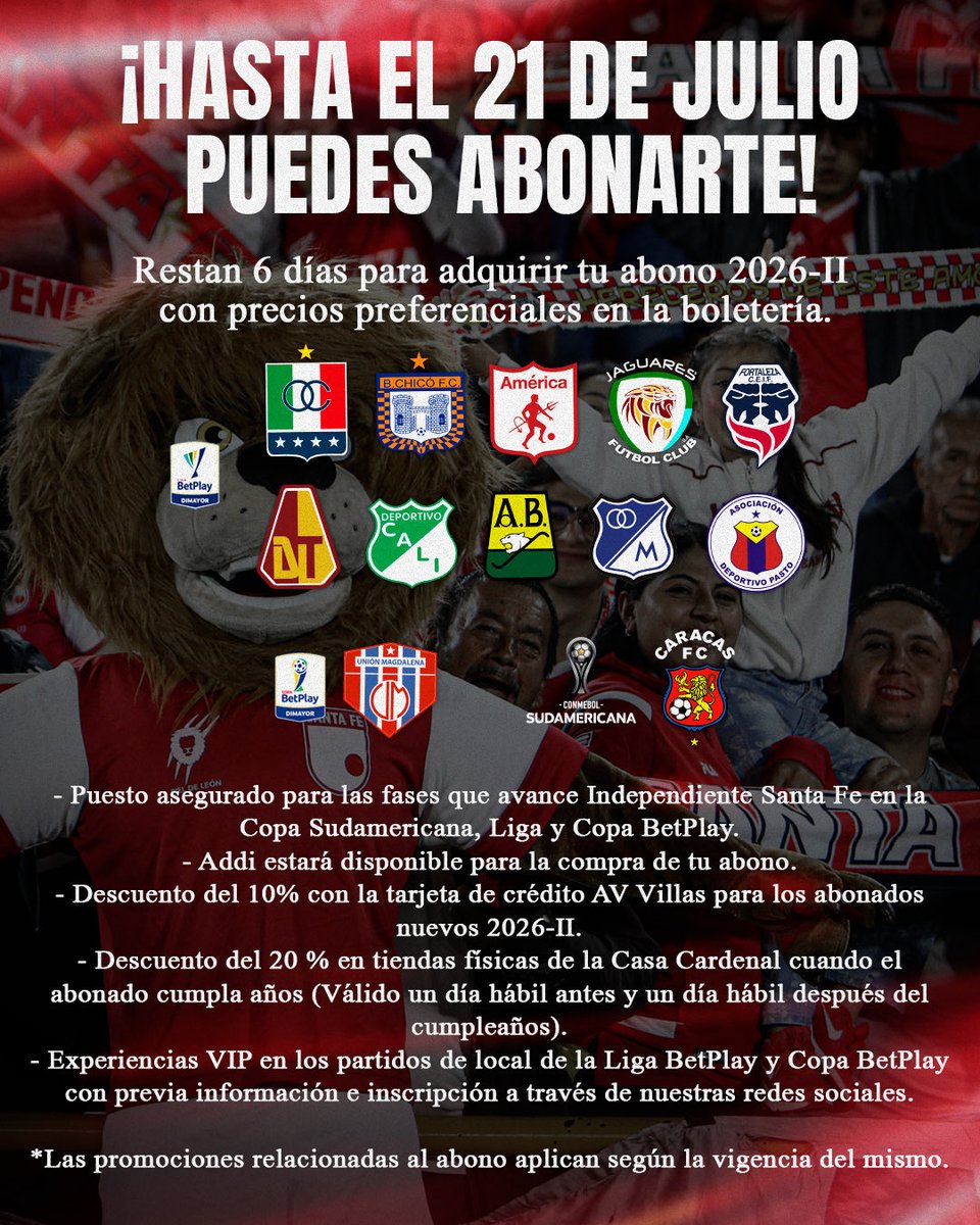 SantaFe's tweet photo. ¡León 🦁! Restan 6 días para adquirir tu abono 2026-II y acompañar a El Primer Campeón 🇮🇩 en la Liga BetPlay, la Copa BetPlay y la Copa Sudamericana 🏆

¡Asegura tu lugar y disfruta de los beneficios ! 🎟️👉🏻 https://t.co/t1kf5ZiYHb https://t.co/nrYyRUqBQT