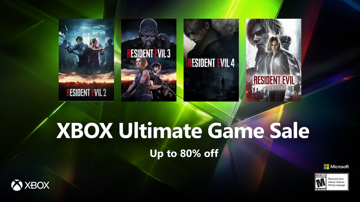 CapcomUSA_'s tweet photo. Prepare yourself for some ultimate savings on various Resident Evil titles during the XBOX Ultimate Game Sale! Save up to 80% off these chilling experiences for a limited time! 🌿

RE2: https://t.co/tyZWJK6vyh
RE3: https://t.co/9P8ZdJ52Cv
RE4: https://t.co/f1F6zAtpvP
Requiem: https://t.co/PKQhVrMX0M