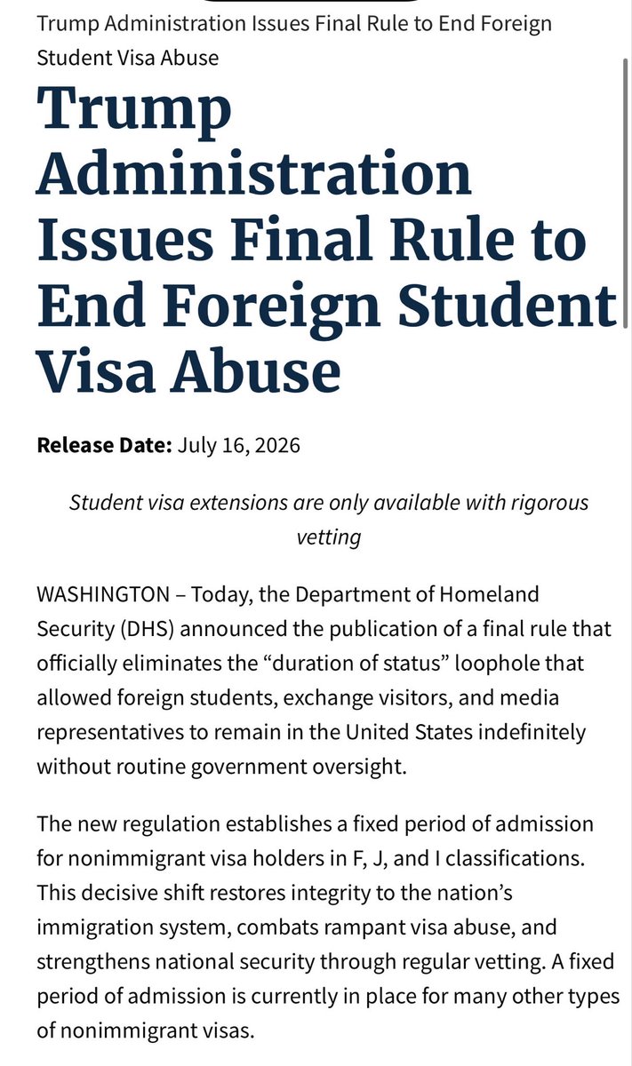 LauraLoomer's tweet photo. NEW:

Today, the Department of Homeland Security (DHS) announced the publication of a final rule that officially eliminates the “duration of status” loophole that allowed foreign students, exchange visitors, and media representatives to remain in the United States indefinitely without routine government oversight.

Student visa extensions are now only available with rigorous vetting.

Great news! 👏