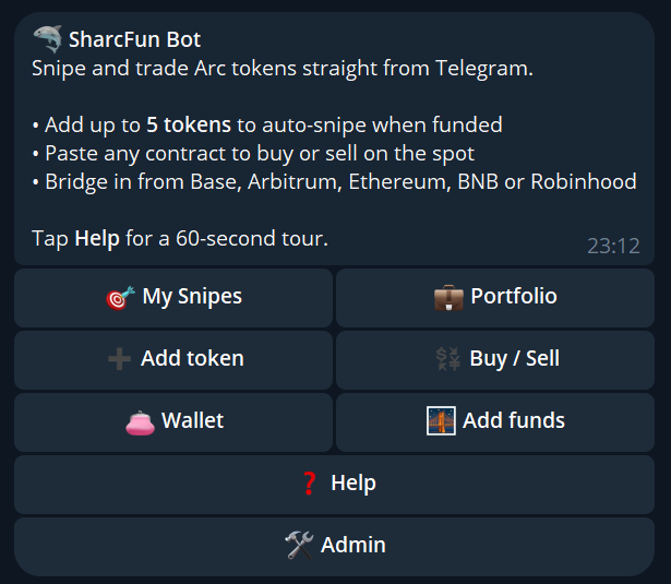 SharcFun's tweet photo. tracker's live - https://t.co/V1GkIi34cC
every arc token in one place, live prices and trades, buy or sell right on the page.
and https://t.co/0Et5NS350O for sniping from telegram. add your tokens, it buys the moment you're funded.

it's already watching for a bridge to @arc too , the day one opens up, it starts pulling funds from your other chains and firing your snipes on its own. you won't have to touch a thing.
