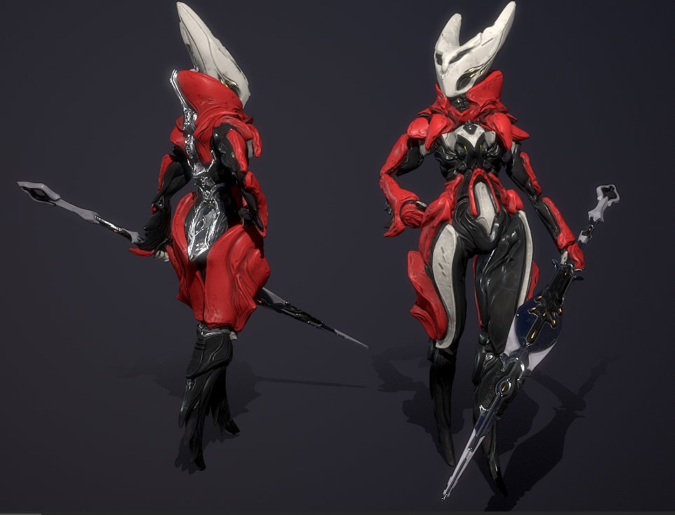 BlazingCobalt's tweet photo. hornet warframe update. settled on textures, did some rigging. 

just need to finish the outer cloak, clean up the textures the body/cloak/sword, and then shes basically done 😅

#tennocreate #warframe #silksong

(also this is not an oraxia skin lol) https://t.co/55ydgfu1qF