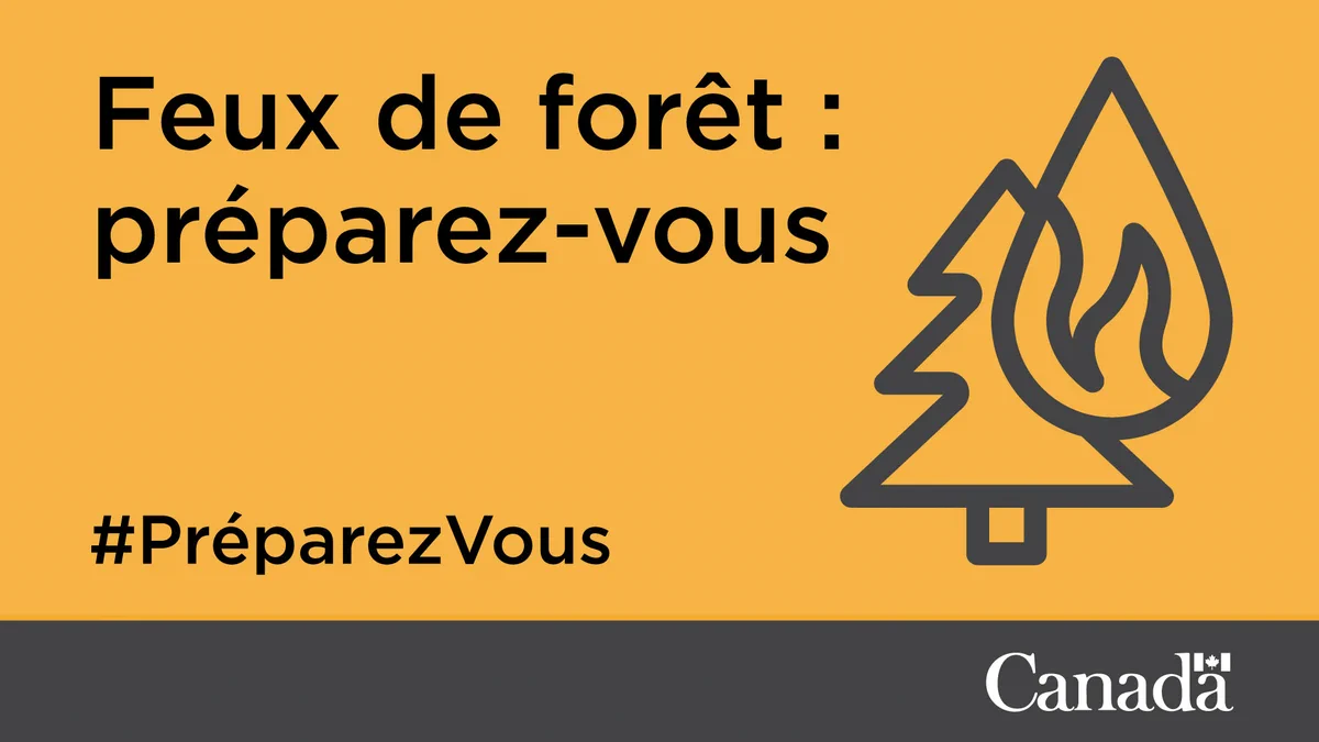 Icônes d’un sapin et d’une goutte d’eau avec une flamme à l’intérieur illustrant un feu de forêt. Texte : Feux de forêt : préparez-vous. #PréparezVous.