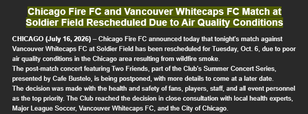 ThePenOfEli's tweet photo. Robert Lewandowski will not be making his MLS debut with the Chicago Fire FC tonight. The game has been rescheduled due to poor air quality. @WGNNews @GNSportsTV https://t.co/7JVmPbrk9l