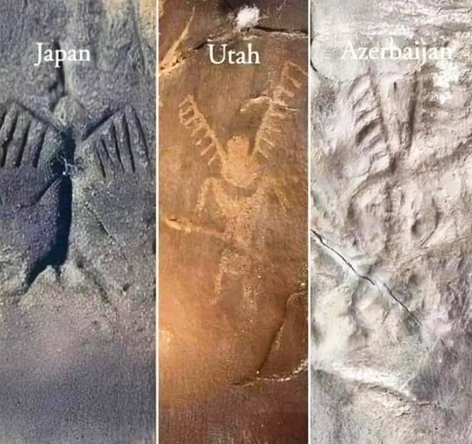 historyinmemes's tweet photo. These ancient carvings were discovered across three separate landmasses divided by enormous oceans.

The three figures shown here come from cultures separated by thousands of miles and, in some cases, separated by thousands of years.

The Gobustan petroglyphs in Azerbaijan date back roughly 10,000 to 5,000 years, the carvings in Japan’s Fugoppe Cave were created around AD 200 to 400, and the famous winged figure in Utah is generally linked to the Fremont culture, dating to approximately AD 950 to 1250.

Despite their striking similarities, archaeologists have found no evidence that these societies ever interacted. The resemblance is usually explained as a case of convergent artistic expression — different cultures independently developing similar symbols to represent spiritual beings, ceremonial figures, ritual leaders, or sources of power.

Although the images appear remarkably alike, they are generally viewed as separate creations rather than evidence of a shared civilization or ancient contact across oceans.