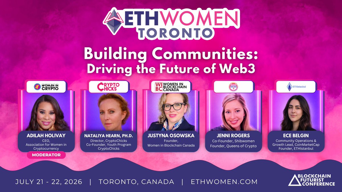 WomanBlockchain's tweet photo. Looking forward to Futurist conference next week!

Join me on the panel called: Driving the Future of Web3

July 21-22 in Toronto, Canada 🇨🇦 

Speaking alongside:

▪️ Adilah Holivay, @AWICglobal 
▪️ Nataliya Hearn, @crypto_chicks 
▪️ Jenni Rogers, @Shibtoken 
▪️ Ece Belgin, @ETHIstanbul