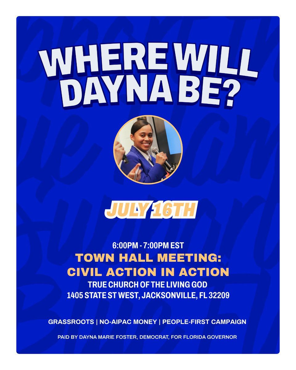 foster4florida's tweet photo. Join us TODAY on our 2nd tour stop in Duval County! 🥳 Swipe for the address! Come out and show your support! 🔵

#FosterForDuvalCounty #DaynaMarieFoster #FloridaGovernor #TownHall #BlueFlame 🔵🔥 https://t.co/6R06UpzKVs