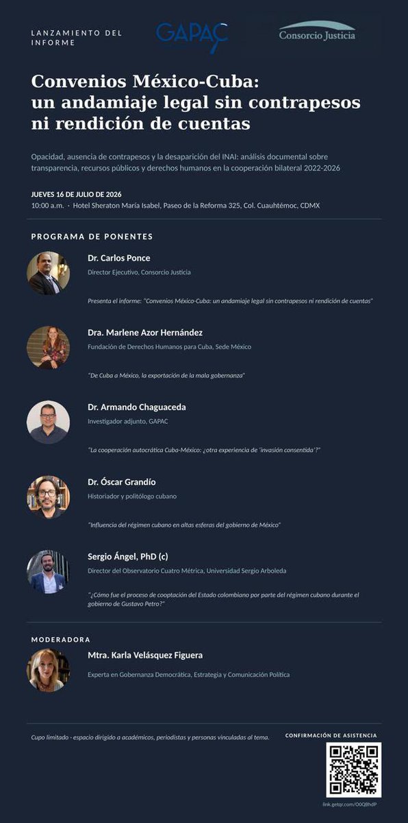 GobAPAC's tweet photo. GAPAC, junto a @ConJusticiaOrg , participó en la presentación del informe “Convenios México-Cuba: un andamiaje legal sin contrapesos ni rendición de cuentas”.

Nuestro investigador, Armando Chaguaceda, integró el panel de especialistas que analizó los retos que la cooperación autoritaria plantea para la democracia, los derechos humanos y la rendición de cuentas en la región.