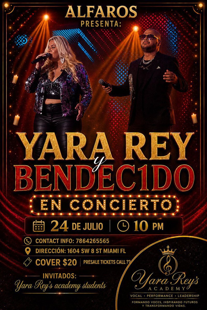 alfarosmiami's tweet photo. ALFARO’S “ UN TOQUE DE CLASE EN MIAMI “ &amp; " YARA REY'S ACADEMY ". PRESENTAN:  " YARA REY Y BENDEC1DO EN CONCIERTO " INTITADOS: YARA REY'S STUDENTS.
VIERNES 24 DE JULIO. PUERTAS ABREN 9:00 PM.
ALFARO’S
1604 SW CALLE OCHO
RSVP: 786.426.5565 // ALFARO'S: 305.643.2151 https://t.co/wVpT5gA7Jw
