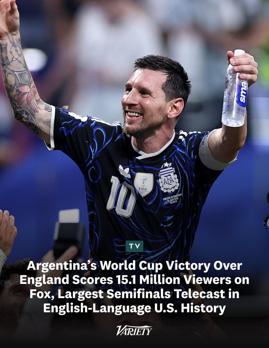 Variety's tweet photo. Argentina’s World Cup victory over England is the most-watched #FIFA Men’s World Cup semifinal in English-language history, averaging 15.063 million viewers on Fox.

That beat Tuesday’s faceoff between Spain and France, which averaged 11.462 million viewers and held the previous record — for a day.

https://t.co/OJXhxebtMK