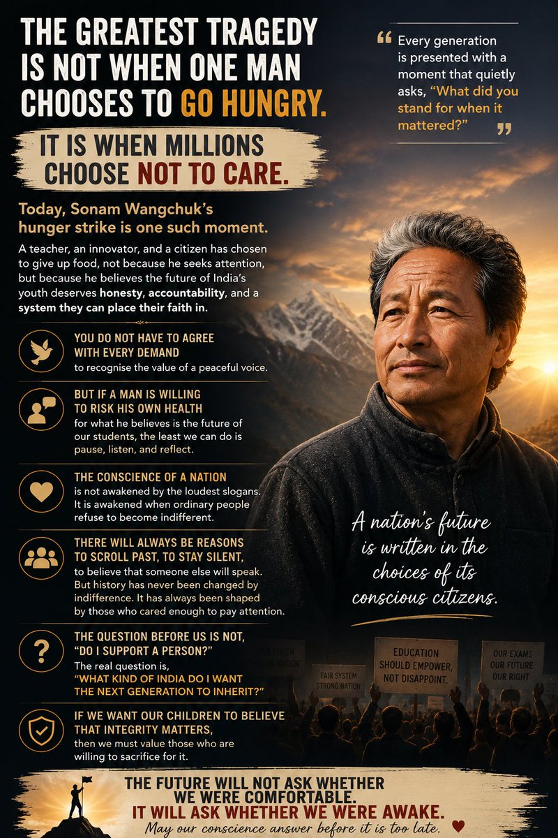 AnEgalitarian's tweet photo. When a man gives up food so that the future of millions is not taken for granted, the question is no longer about him. It is about us. Are we listening?

@Wangchuk66 @abhijeet_dipke @kunalkamra88
#WeStandWithSonamWangchuk https://t.co/YHB0jqAdBo
