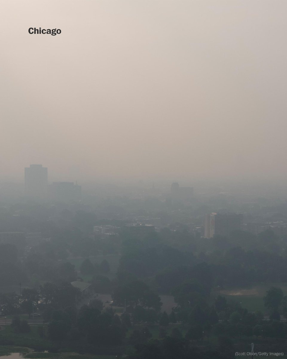 washingtonpost's tweet photo. More than 115 million people could be exposed to unhealthy air quality in the U.S. this week due to Canadian wildfires.

Read the forecast for 20 cities: https://t.co/pgkHHU3nBe https://t.co/1bQPq4hVG7